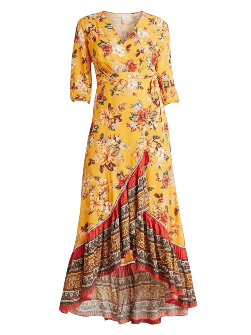 Farm Rio X Anthro Soigne Floral & Paisley Prints 3/4 Sleeve Ruffle Hem MaxiDress